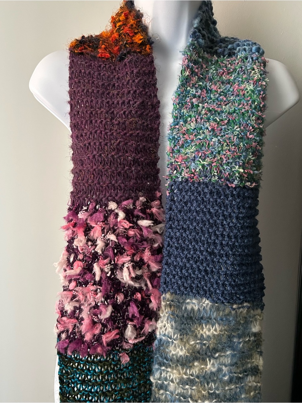 Handmade Multicolor Patchwork Knit Scarf - Purple, Pink, Blue, Green
